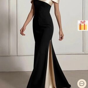 Elegant Black & Cream Off-Shoulder Evening Gown